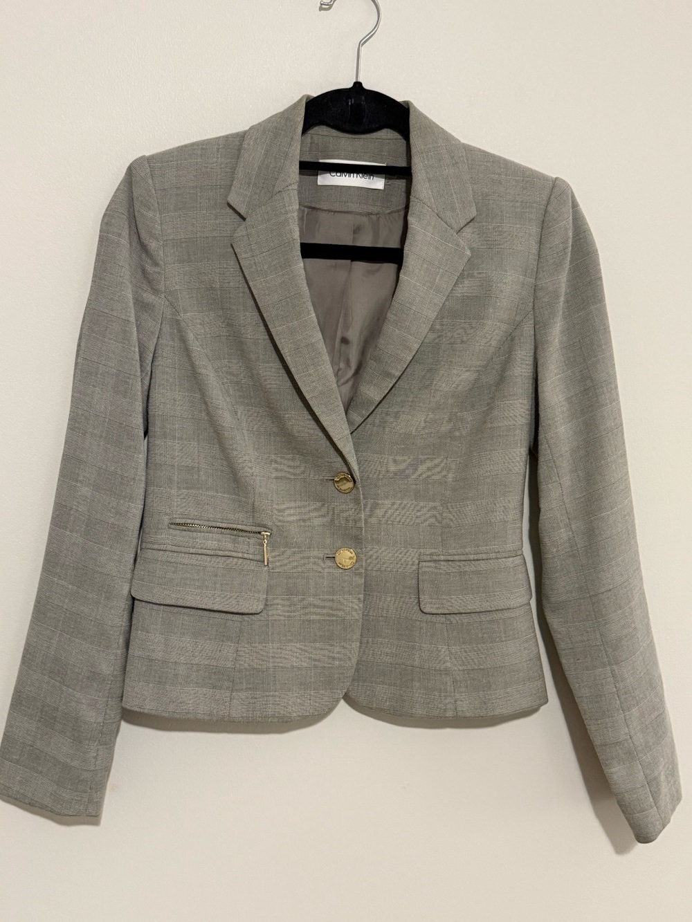 Calvin Klein Women’s Light Gray Plaid Fitted Blazer with Gold Buttons